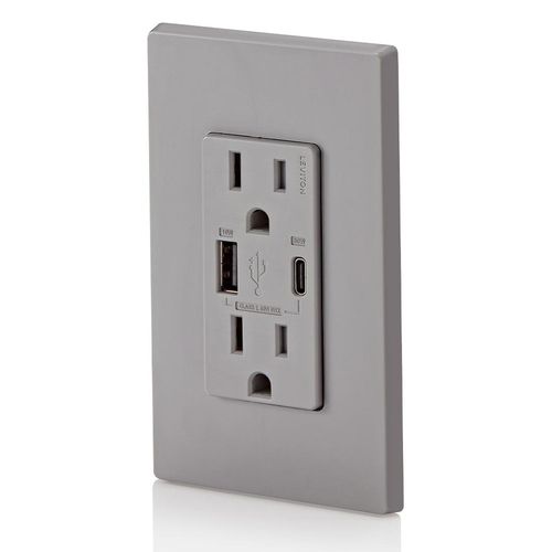 Main product image of Decora Tamper-Resistant Combination Duplex Receptacle w/ 60W (2A-2.5A) Dual Type A/C Power Delivery USB Charger, NEMA 5-15R - Gray (15A, 125V)