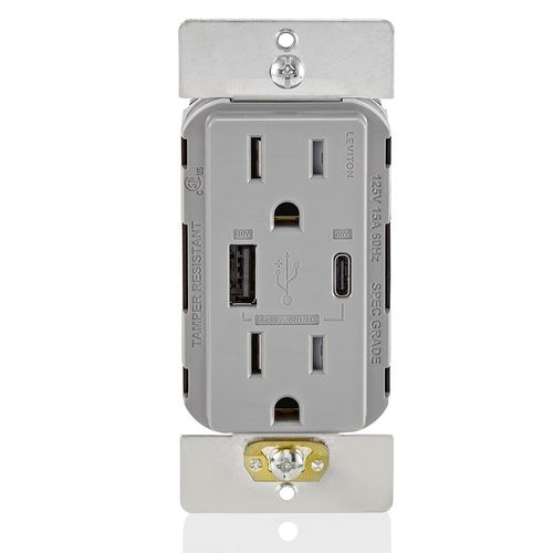 Main product image of Decora Tamper-Resistant Combination Duplex Receptacle w/ 60W (2A-2.5A) Dual Type A/C Power Delivery USB Charger, NEMA 5-15R - Gray (15A, 125V)