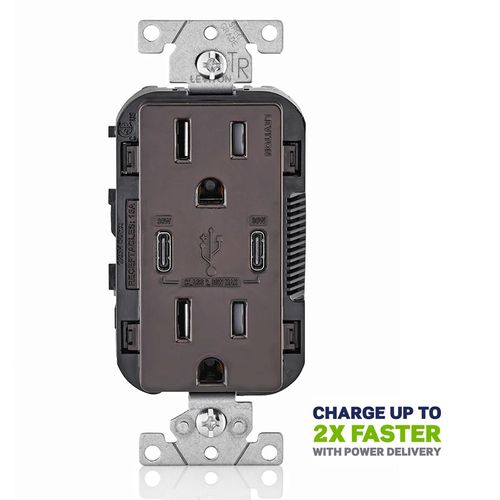 Main product image of Decora Tamper-Resistant Combination Duplex Receptacle w/ 30W (6A) Dual Type C/C Power Delivery USB Charger, NEMA 5-15R - Brown (15A, 125V), T5635-B
