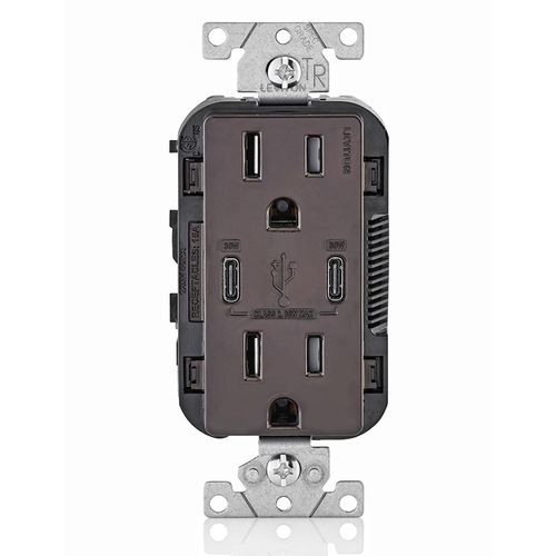 Main product image of Decora Tamper-Resistant Combination Duplex Receptacle w/ 30W (6A) Dual Type C/C Power Delivery USB Charger, NEMA 5-15R - Brown (15A, 125V), T5635-B