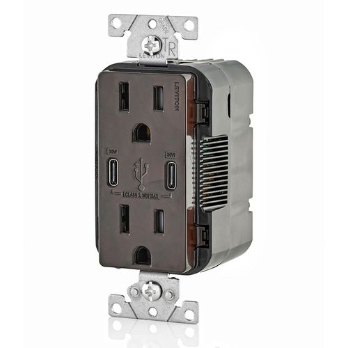 Main product image of Decora Tamper-Resistant Combination Duplex Receptacle w/ 30W (6A) Dual Type C/C Power Delivery USB Charger, NEMA 5-15R - Brown (15A, 125V), T5635-B