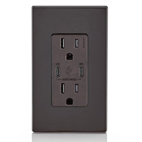 Main product image of Decora Tamper-Resistant Combination Duplex Receptacle w/ 30W (6A) Dual Type C/C Power Delivery USB Charger, NEMA 5-15R - Brown (15A, 125V), T5635-B