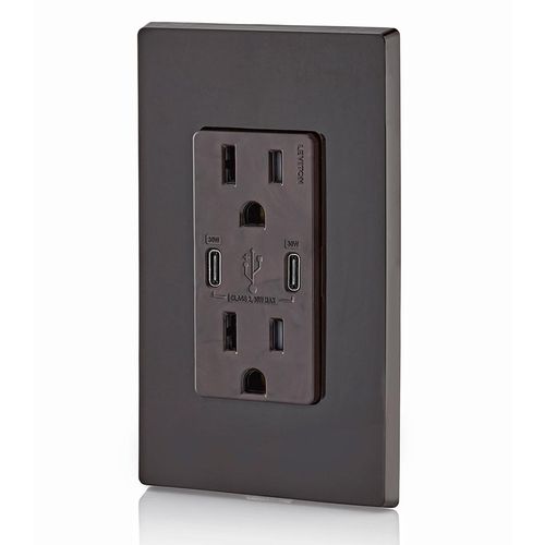 Main product image of Decora Tamper-Resistant Combination Duplex Receptacle w/ 30W (6A) Dual Type C/C Power Delivery USB Charger, NEMA 5-15R - Brown (15A, 125V), T5635-B