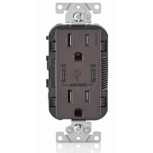 Main product image of Decora Tamper-Resistant Combination Duplex Receptacle w/ 30W (6A) Dual Type C/C Power Delivery USB Charger, NEMA 5-15R - Brown (15A, 125V), T5635-B