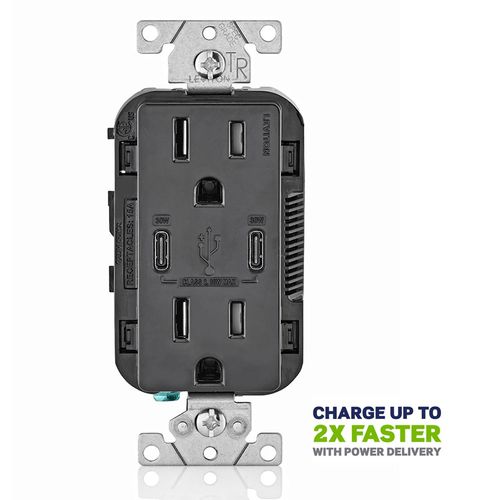 Main product image of Decora Tamper-Resistant Combination Duplex Receptacle w/ 30W (6A) Dual Type C/C Power Delivery USB Charger, NEMA 5-15R - Black (15A, 125V)