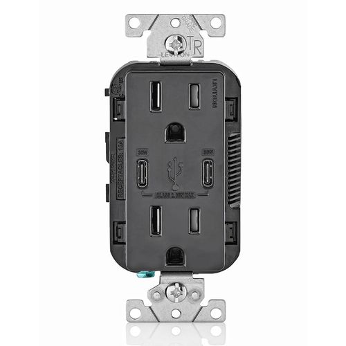 Main product image of Decora Tamper-Resistant Combination Duplex Receptacle w/ 30W (6A) Dual Type C/C Power Delivery USB Charger, NEMA 5-15R - Black (15A, 125V)