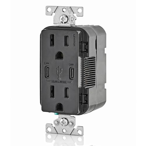 Main product image of Decora Tamper-Resistant Combination Duplex Receptacle w/ 30W (6A) Dual Type C/C Power Delivery USB Charger, NEMA 5-15R - Black (15A, 125V)