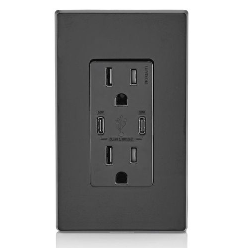 Main product image of Decora Tamper-Resistant Combination Duplex Receptacle w/ 30W (6A) Dual Type C/C Power Delivery USB Charger, NEMA 5-15R - Black (15A, 125V)