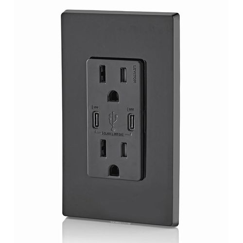 Main product image of Decora Tamper-Resistant Combination Duplex Receptacle w/ 30W (6A) Dual Type C/C Power Delivery USB Charger, NEMA 5-15R - Black (15A, 125V)