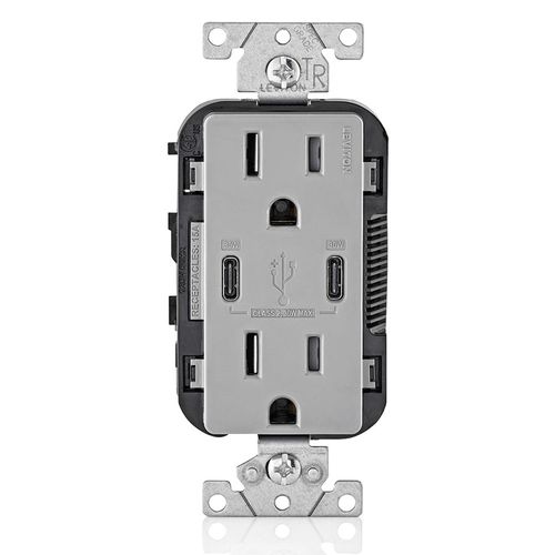 Main product image of Decora Tamper-Resistant Combination Duplex Receptacle w/ 30W (6A) Dual Type C/C Power Delivery USB Charger, NEMA 5-15R - Gray (15A, 125V), T5635-G
