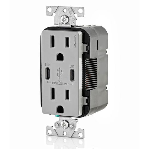 Main product image of Decora Tamper-Resistant Combination Duplex Receptacle w/ 30W (6A) Dual Type C/C Power Delivery USB Charger, NEMA 5-15R - Gray (15A, 125V), T5635-G