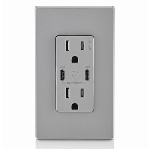 Main product image of Decora Tamper-Resistant Combination Duplex Receptacle w/ 30W (6A) Dual Type C/C Power Delivery USB Charger, NEMA 5-15R - Gray (15A, 125V), T5635-G