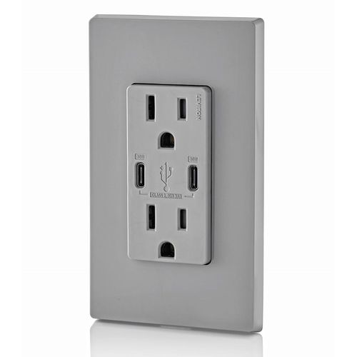 Main product image of Decora Tamper-Resistant Combination Duplex Receptacle w/ 30W (6A) Dual Type C/C Power Delivery USB Charger, NEMA 5-15R - Gray (15A, 125V), T5635-G