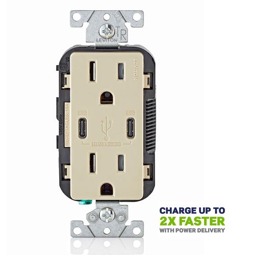 Main product image of Decora Tamper-Resistant Combination Duplex Receptacle w/ 30W (6A) Dual Type C/C Power Delivery USB Charger, NEMA 5-15R - Ivory (15A, 125V)