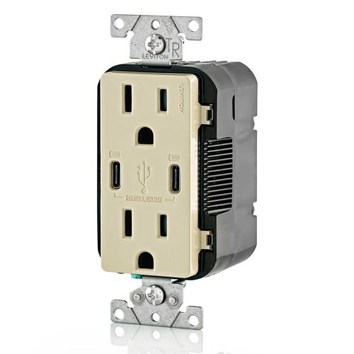Main product image of Decora Tamper-Resistant Combination Duplex Receptacle w/ 30W (6A) Dual Type C/C Power Delivery USB Charger, NEMA 5-15R - Ivory (15A, 125V)