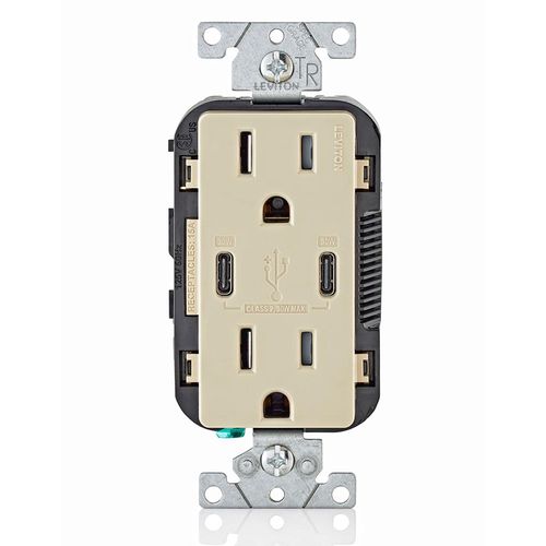 Main product image of Decora Tamper-Resistant Combination Duplex Receptacle w/ 30W (6A) Dual Type C/C Power Delivery USB Charger, NEMA 5-15R - Ivory (15A, 125V)