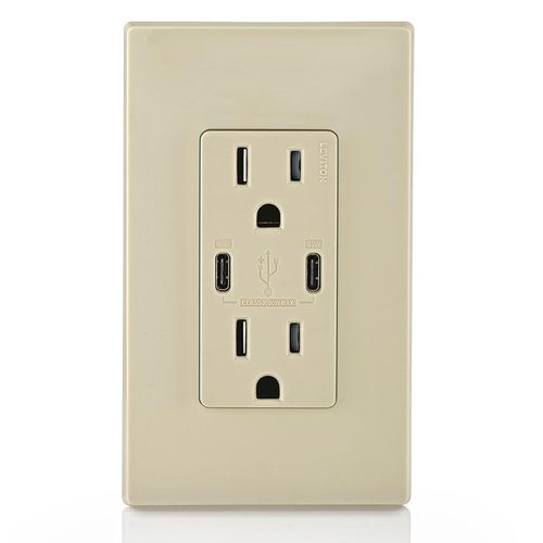 Main product image of Decora Tamper-Resistant Combination Duplex Receptacle w/ 30W (6A) Dual Type C/C Power Delivery USB Charger, NEMA 5-15R - Ivory (15A, 125V)