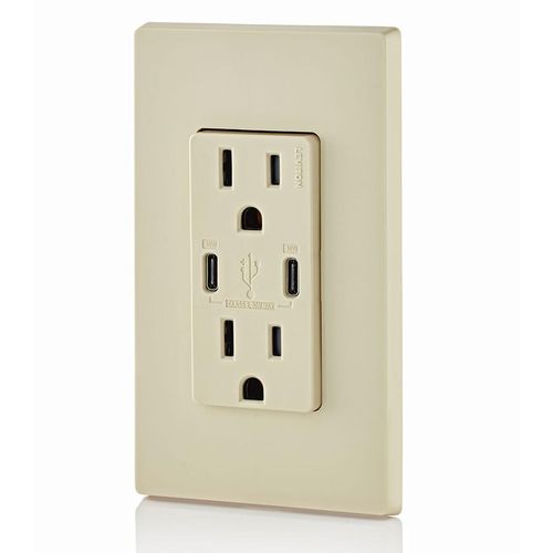 Main product image of Decora Tamper-Resistant Combination Duplex Receptacle w/ 30W (6A) Dual Type C/C Power Delivery USB Charger, NEMA 5-15R - Ivory (15A, 125V)