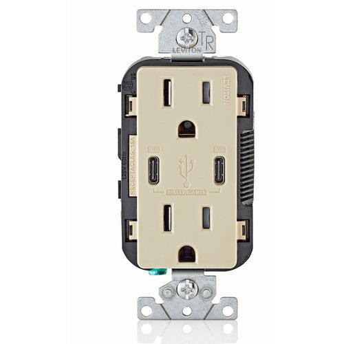 Main product image of Decora Tamper-Resistant Combination Duplex Receptacle w/ 30W (6A) Dual Type C/C Power Delivery USB Charger, NEMA 5-15R - Ivory (15A, 125V)