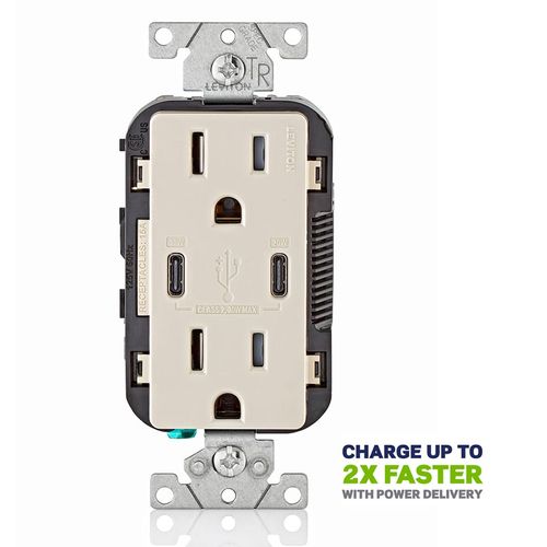 Main product image of Decora Tamper-Resistant Combination Duplex Receptacle w/ 30W (6A) Dual Type C/C Power Delivery USB Charger, NEMA 5-15R - Light Almond (15A, 125V)