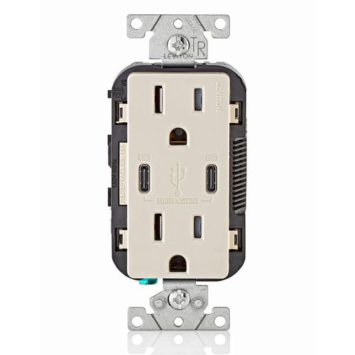 Main product image of Decora Tamper-Resistant Combination Duplex Receptacle w/ 30W (6A) Dual Type C/C Power Delivery USB Charger, NEMA 5-15R - Light Almond (15A, 125V)