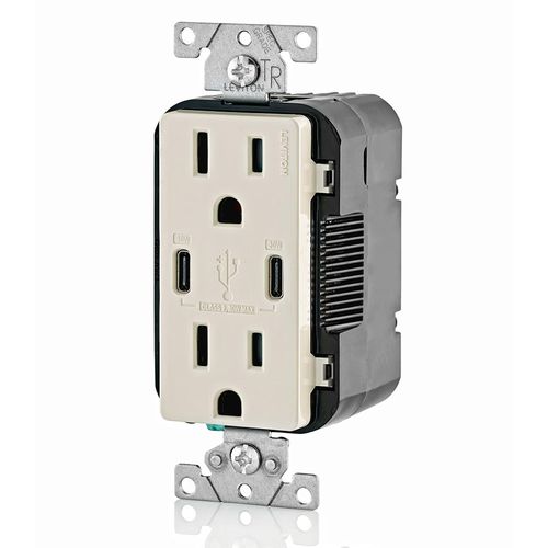 Main product image of Decora Tamper-Resistant Combination Duplex Receptacle w/ 30W (6A) Dual Type C/C Power Delivery USB Charger, NEMA 5-15R - Light Almond (15A, 125V)