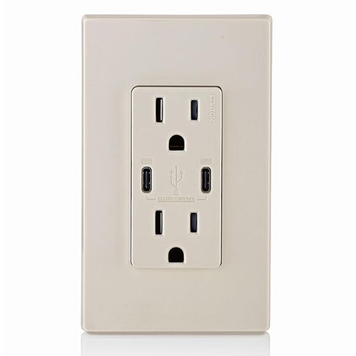 Main product image of Decora Tamper-Resistant Combination Duplex Receptacle w/ 30W (6A) Dual Type C/C Power Delivery USB Charger, NEMA 5-15R - Light Almond (15A, 125V)