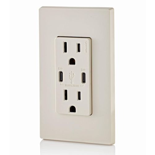 Main product image of Decora Tamper-Resistant Combination Duplex Receptacle w/ 30W (6A) Dual Type C/C Power Delivery USB Charger, NEMA 5-15R - Light Almond (15A, 125V)