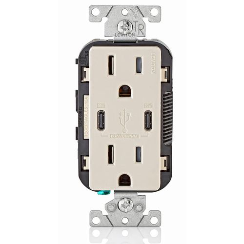 Main product image of Decora Tamper-Resistant Combination Duplex Receptacle w/ 30W (6A) Dual Type C/C Power Delivery USB Charger, NEMA 5-15R - Light Almond (15A, 125V)