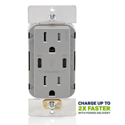 Main product image of Decora Tamper-Resistant Combination Duplex Receptacle w/ 60W Dual Type C/C Power Delivery USB Charger, NEMA 5-15R - Gray (15A, 125V)