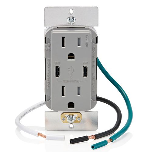 Main product image of Decora Tamper-Resistant Combination Duplex Receptacle w/ 60W Dual Type C/C Power Delivery USB Charger, NEMA 5-15R - Gray (15A, 125V)