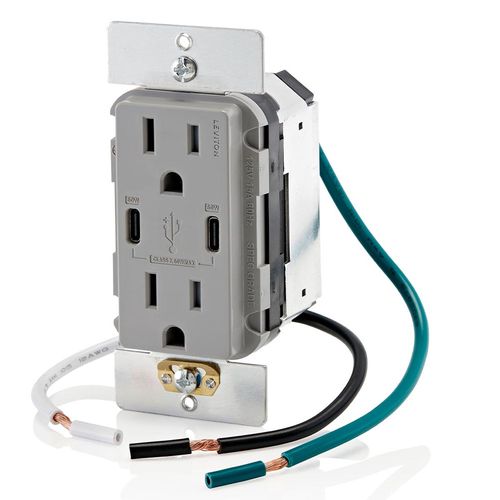 Main product image of Decora Tamper-Resistant Combination Duplex Receptacle w/ 60W Dual Type C/C Power Delivery USB Charger, NEMA 5-15R - Gray (15A, 125V)