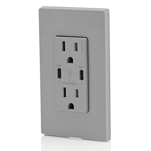 Main product image of Decora Tamper-Resistant Combination Duplex Receptacle w/ 60W Dual Type C/C Power Delivery USB Charger, NEMA 5-15R - Gray (15A, 125V)
