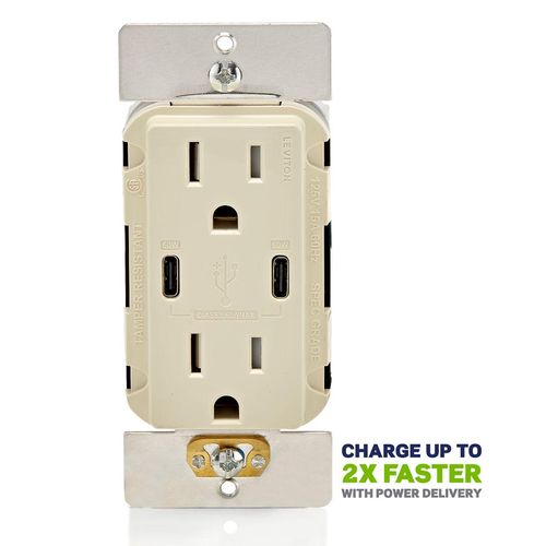 Main product image of Decora Tamper-Resistant Combination Duplex Receptacle w/ 60W Dual Type C/C Power Delivery USB Charger, NEMA 5-15R - Light Almond (15A, 125V)