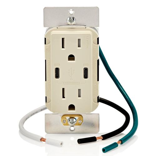 Main product image of Decora Tamper-Resistant Combination Duplex Receptacle w/ 60W Dual Type C/C Power Delivery USB Charger, NEMA 5-15R - Light Almond (15A, 125V)