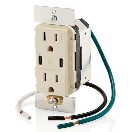 Main product image of Decora Tamper-Resistant Combination Duplex Receptacle w/ 60W Dual Type C/C Power Delivery USB Charger, NEMA 5-15R - Light Almond (15A, 125V)