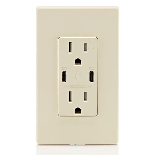 Main product image of Decora Tamper-Resistant Combination Duplex Receptacle w/ 60W Dual Type C/C Power Delivery USB Charger, NEMA 5-15R - Light Almond (15A, 125V)