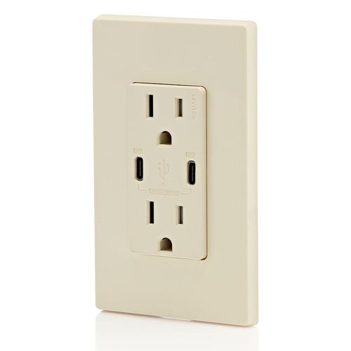 Main product image of Decora Tamper-Resistant Combination Duplex Receptacle w/ 60W Dual Type C/C Power Delivery USB Charger, NEMA 5-15R - Light Almond (15A, 125V)