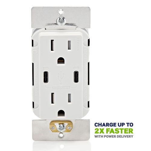 Main product image of 60W USB Type C/C Power Delivery Wall Outlet Charger w/ 15A Tamper Resistant Outlet (White), T5636-W