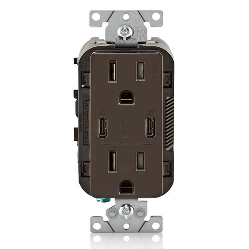 Main product image of Decora Tamper-Resistant Combination Duplex Receptacle w/ 30W (6A) Dual Type C/C Power Delivery USB Charger, NEMA 5-15R - Brown (15A, 125V), T5637-B