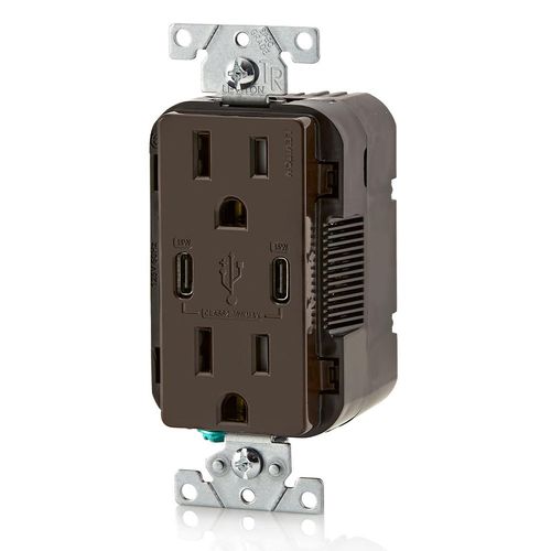 Main product image of Decora Tamper-Resistant Combination Duplex Receptacle w/ 30W (6A) Dual Type C/C Power Delivery USB Charger, NEMA 5-15R - Brown (15A, 125V), T5637-B