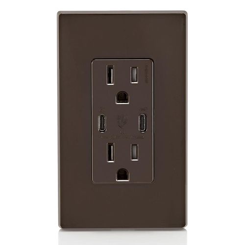 Main product image of Decora Tamper-Resistant Combination Duplex Receptacle w/ 30W (6A) Dual Type C/C Power Delivery USB Charger, NEMA 5-15R - Brown (15A, 125V), T5637-B