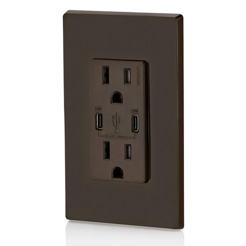 Main product image of Decora Tamper-Resistant Combination Duplex Receptacle w/ 30W (6A) Dual Type C/C Power Delivery USB Charger, NEMA 5-15R - Brown (15A, 125V), T5637-B