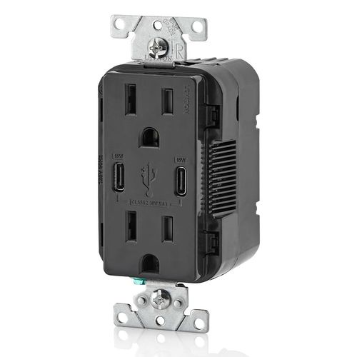 Main product image of Decora Tamper-Resistant Combination Duplex Receptacle w/ 30W (6A) Dual Type C/C  USB Charger, NEMA 5-15R - Black (15A, 125V)