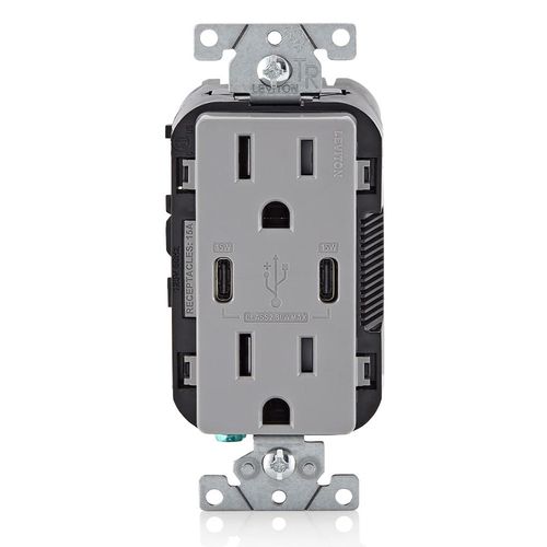 Main product image of Decora Tamper-Resistant Combination Duplex Receptacle w/ 30W (6A) Dual Type C/C Power Delivery USB Charger, NEMA 5-15R - Gray (15A, 125V), T5637-G