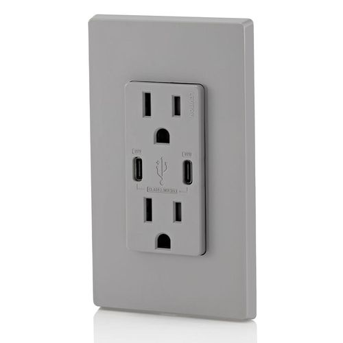 Main product image of Decora Tamper-Resistant Combination Duplex Receptacle w/ 30W (6A) Dual Type C/C Power Delivery USB Charger, NEMA 5-15R - Gray (15A, 125V), T5637-G