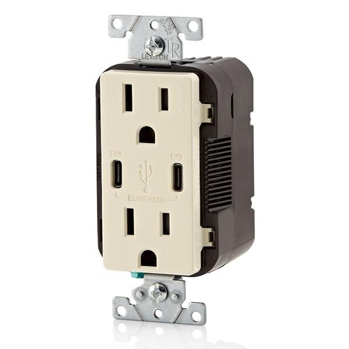 Main product image of Decora Tamper-Resistant Combination Duplex Receptacle w/ 30W (6A) Dual Type C/C USB Charger, NEMA 5-15R - Light Almond (15A, 125V)