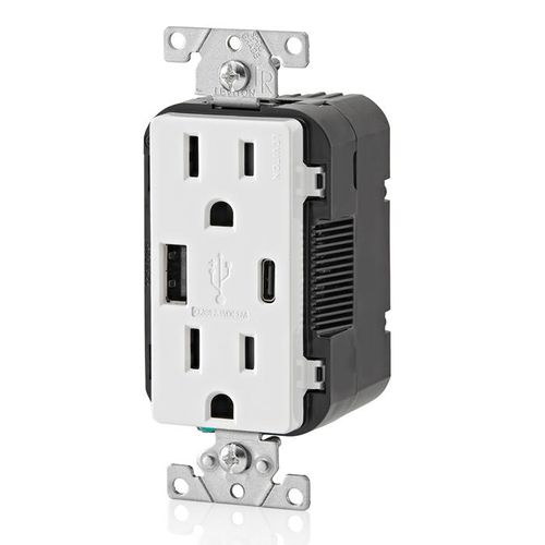 Main product image of Decora Tamper-Resistant Combination Duplex Receptacle w/ 18W (3.6A) Dual Type A/C USB Charger, NEMA 5-15R - White (15A, 125V)