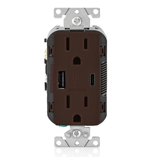 Main product image of Decora Tamper-Resistant Outlet Duplex Receptacle w/ USB Type A & C Chargers, 15A, NEMA 5-15R - Brown (125V)