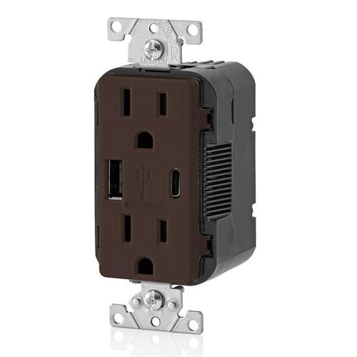 Main product image of Decora Tamper-Resistant Outlet Duplex Receptacle w/ USB Type A & C Chargers, 15A, NEMA 5-15R - Brown (125V)